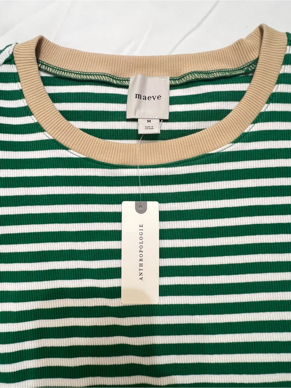 NWT Maeve Anthropologie Green Stripe Puff Sleeve Rib Knit Top M - Picture 12 of 12